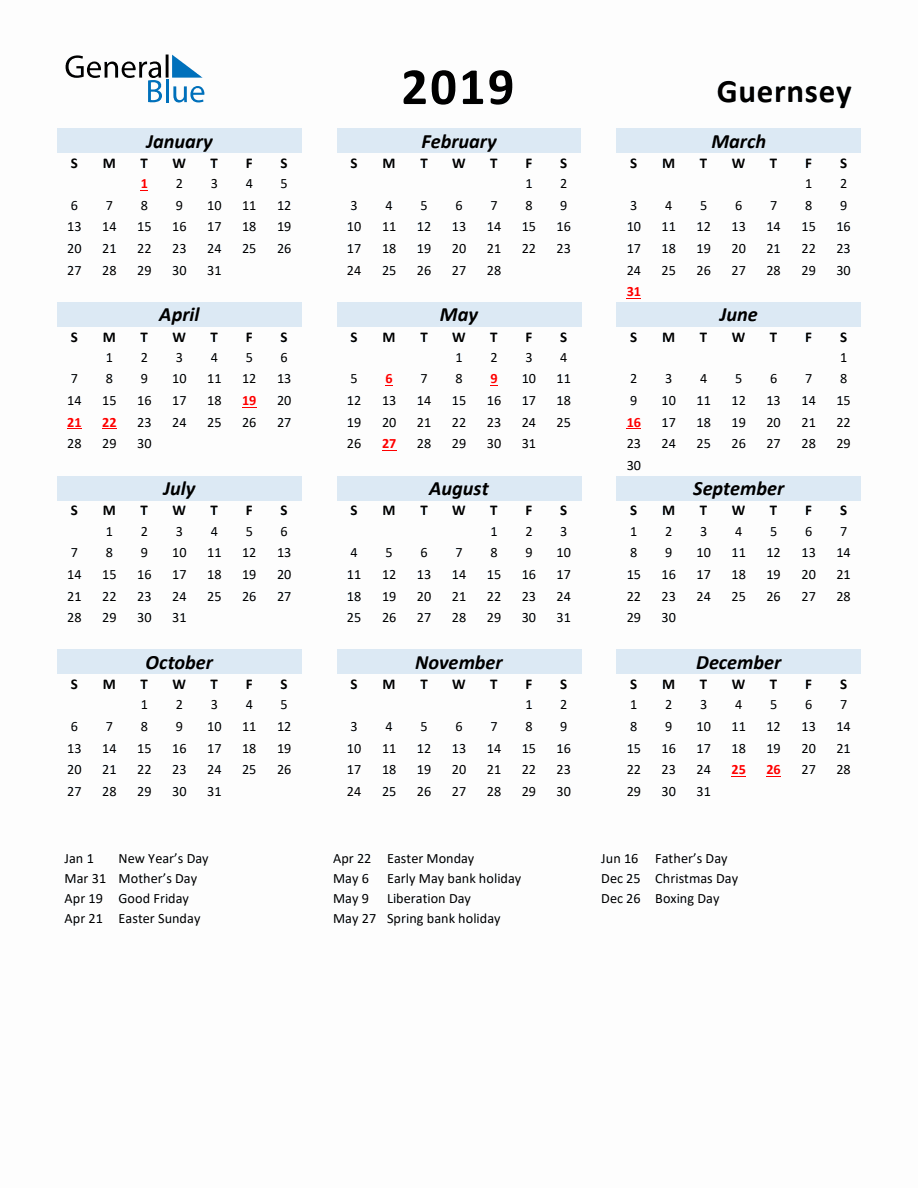 2019 Yearly Calendar for Guernsey with Holidays