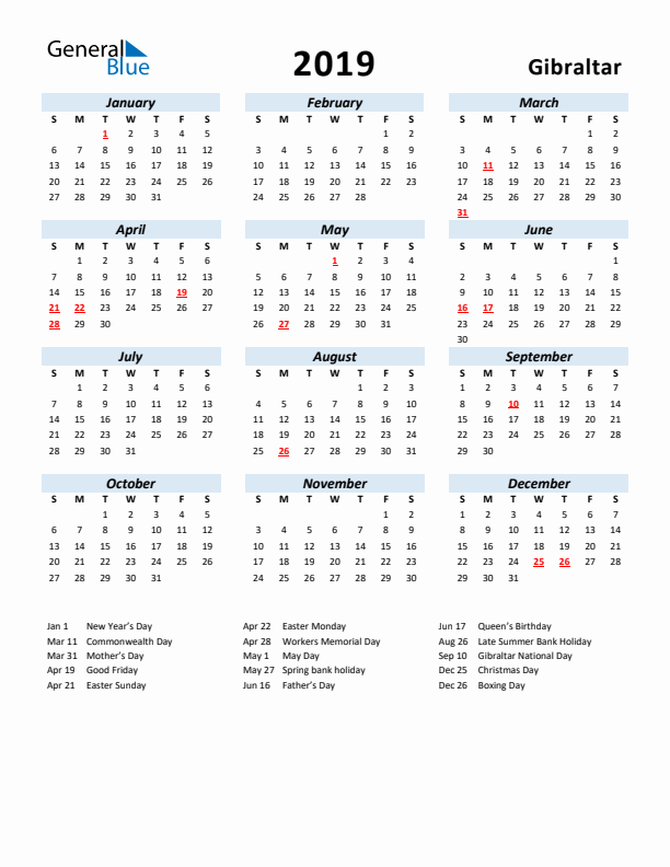 2019 Calendar for Gibraltar with Holidays
