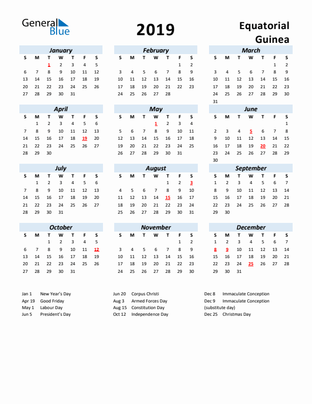2019 Calendar for Equatorial Guinea with Holidays