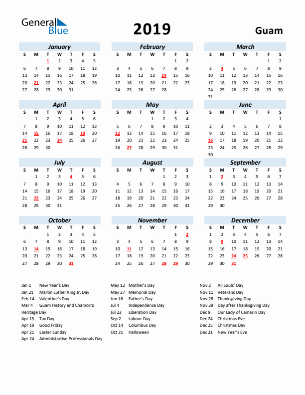 2019 Calendar for Guam with Holidays