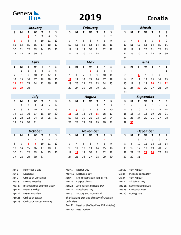 2019 Calendar for Croatia with Holidays