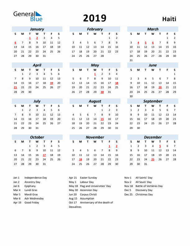 2019 Calendar for Haiti with Holidays