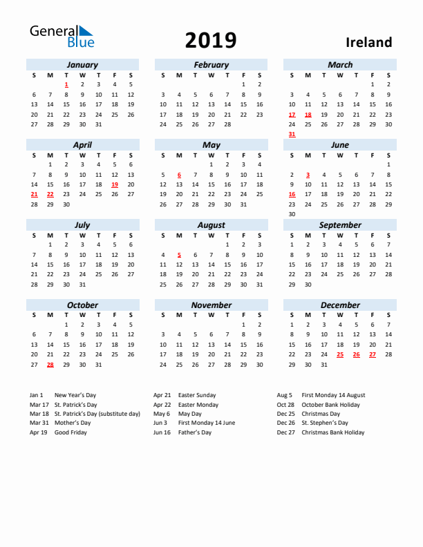 2019 Calendar for Ireland with Holidays