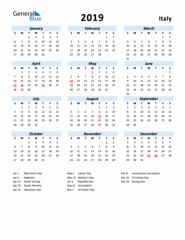 2019 Calendar for Italy with Holidays