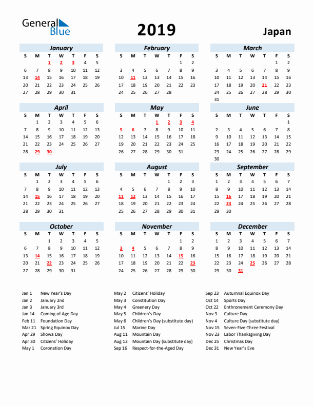 2019 Calendar for Japan with Holidays