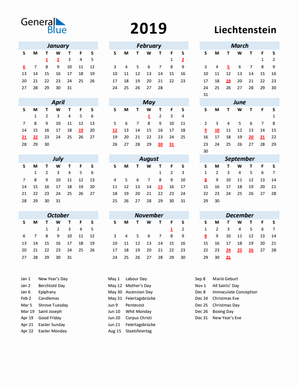 2019 Calendar for Liechtenstein with Holidays