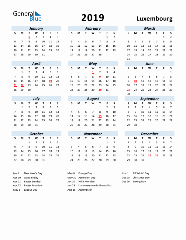 2019 Calendar for Luxembourg with Holidays