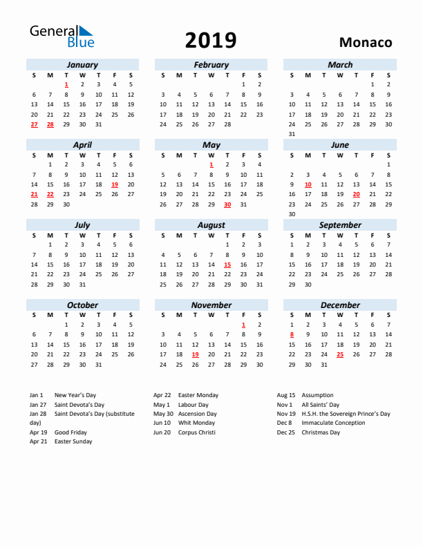 2019 Calendar for Monaco with Holidays