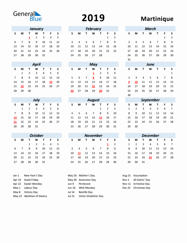 2019 Calendar for Martinique with Holidays