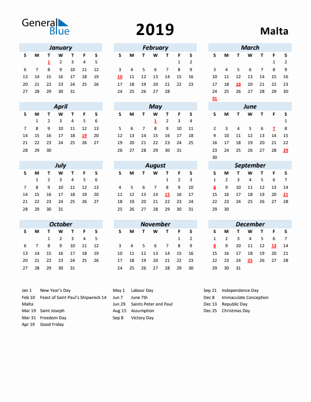 2019 Calendar for Malta with Holidays