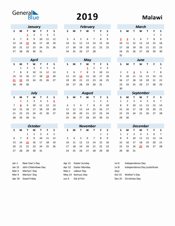 2019 Calendar for Malawi with Holidays