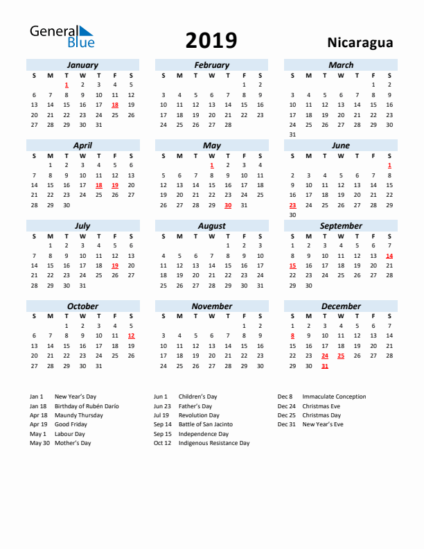 2019 Calendar for Nicaragua with Holidays