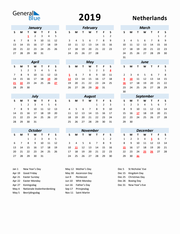 2019 Calendar for The Netherlands with Holidays