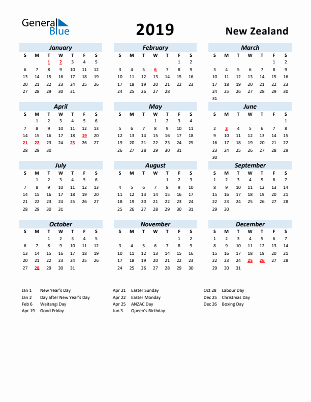 2019 Calendar for New Zealand with Holidays
