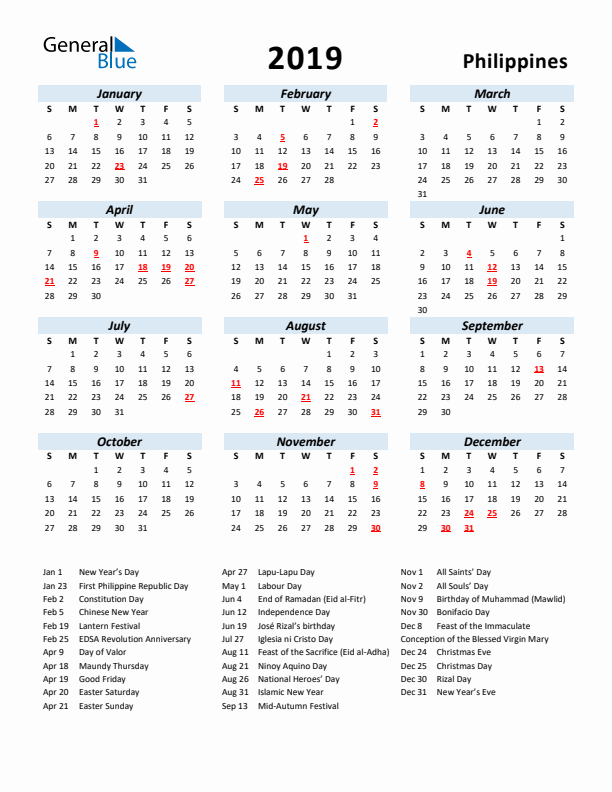2019 Calendar for Philippines with Holidays