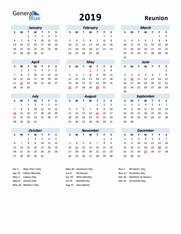 2019 Calendar for Reunion with Holidays