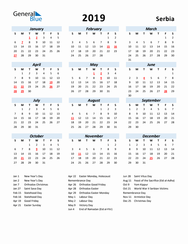 2019 Calendar for Serbia with Holidays
