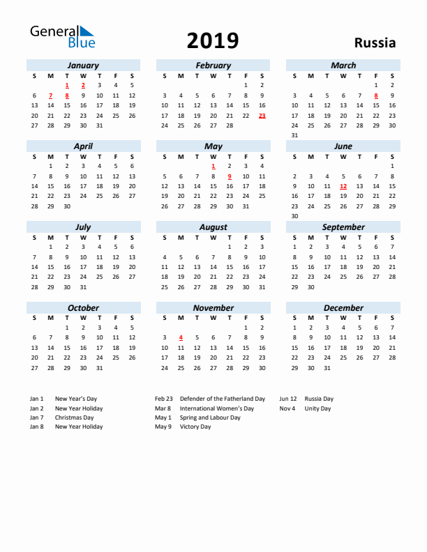 2019 Calendar for Russia with Holidays