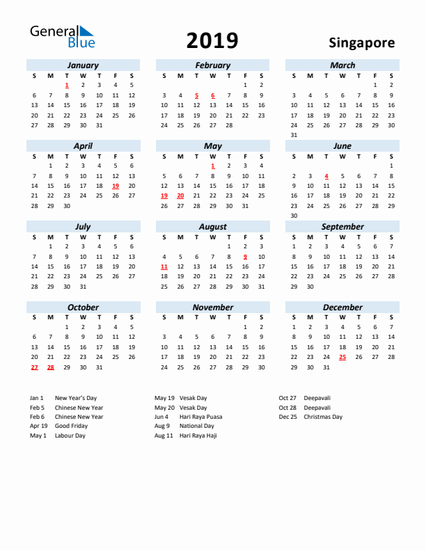 2019 Calendar for Singapore with Holidays
