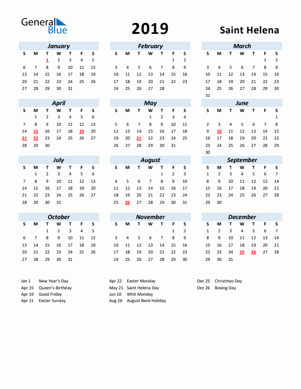 2019 Calendar for Saint Helena with Holidays