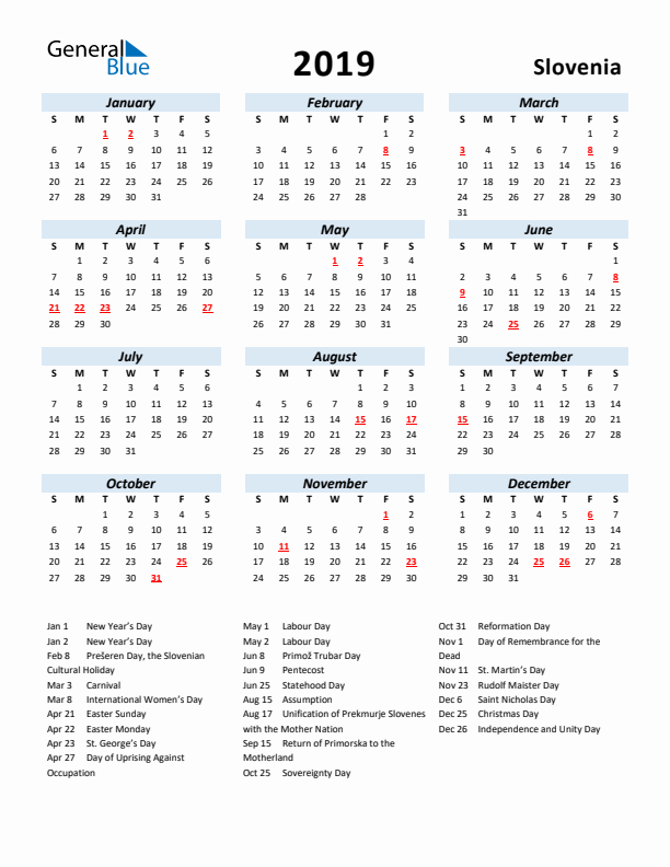 2019 Calendar for Slovenia with Holidays