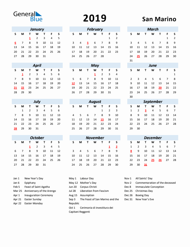 2019 Calendar for San Marino with Holidays