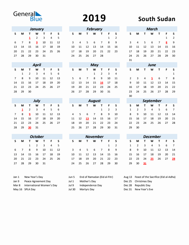 2019 Calendar for South Sudan with Holidays