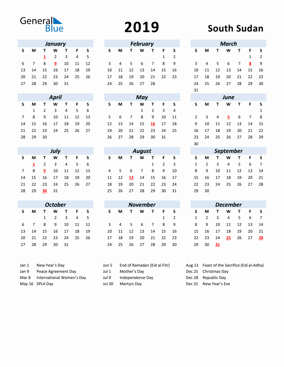 2019 Yearly Calendar for South Sudan with Holidays