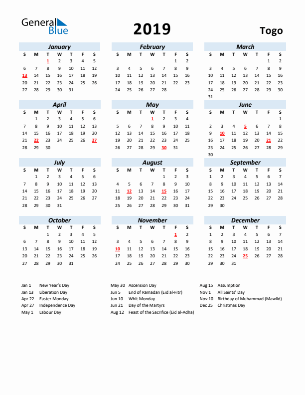 2019 Calendar for Togo with Holidays