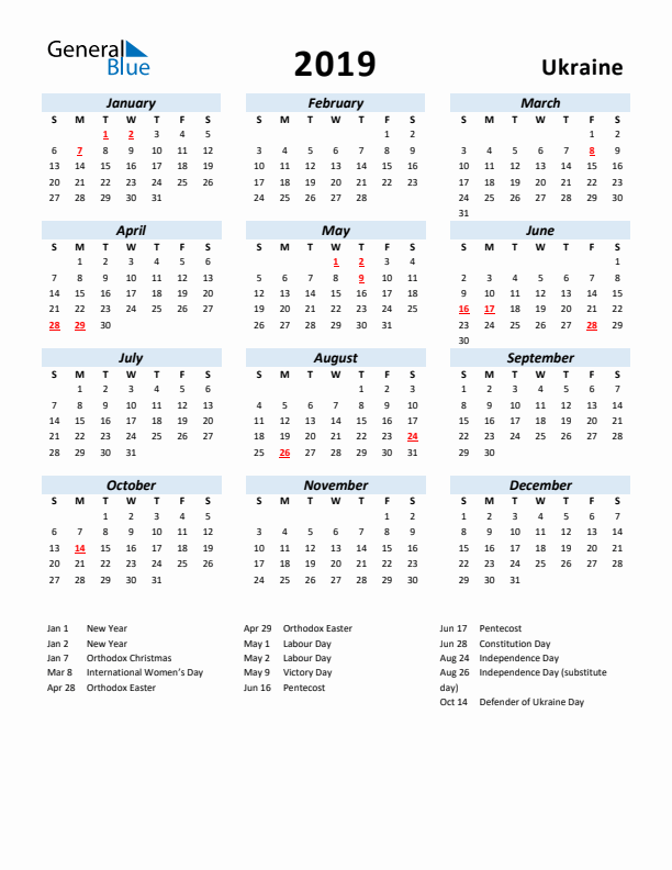 2019 Calendar for Ukraine with Holidays