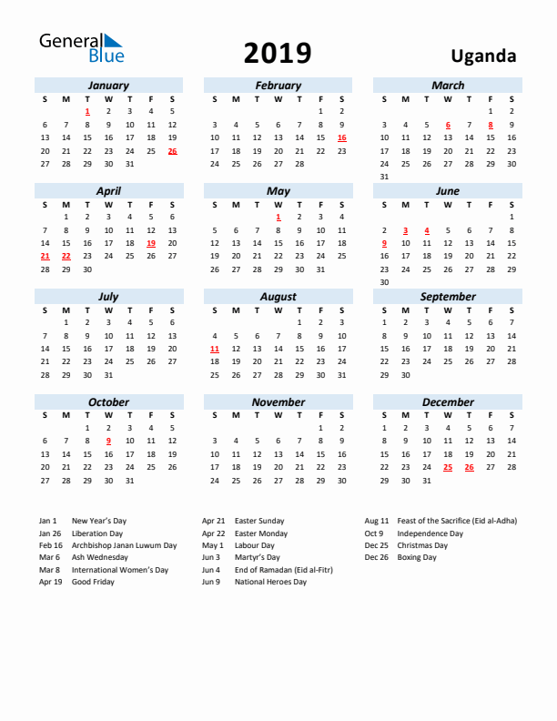2019 Calendar for Uganda with Holidays