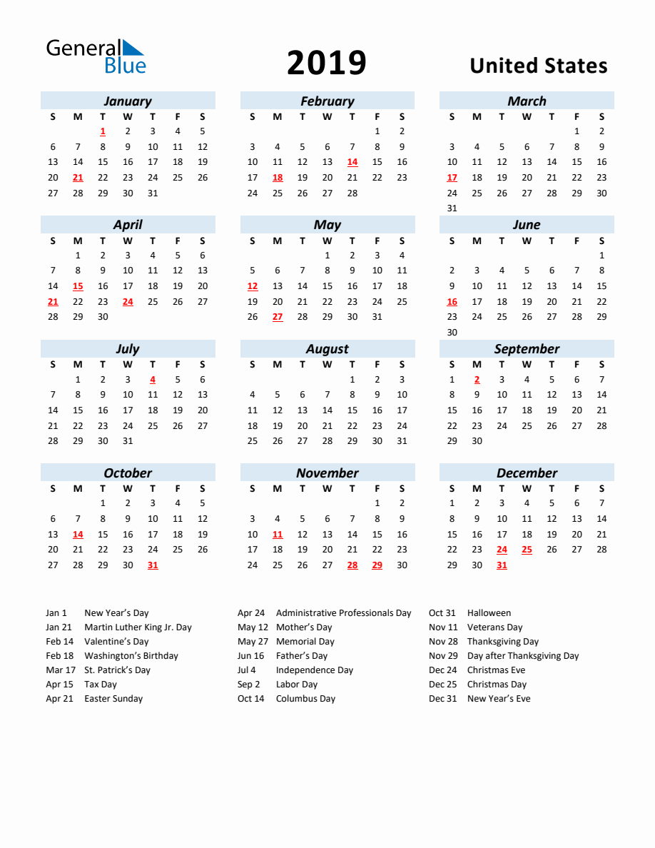 2019 Yearly Calendar For United States With Holidays