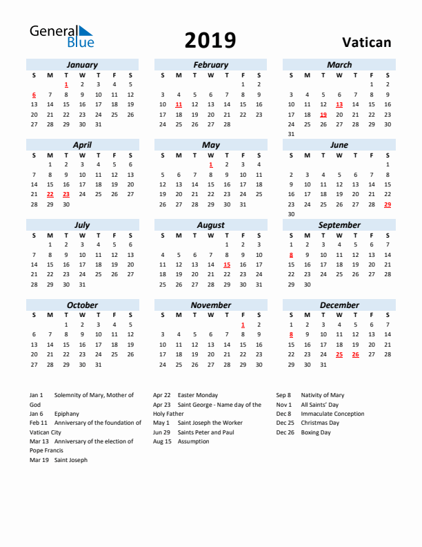 2019 Calendar for Vatican with Holidays