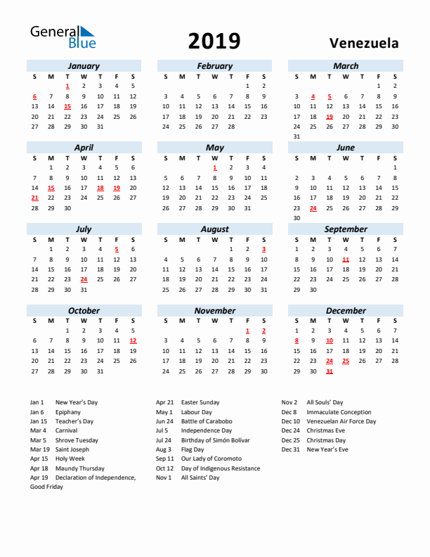 2019 Calendar for Venezuela with Holidays