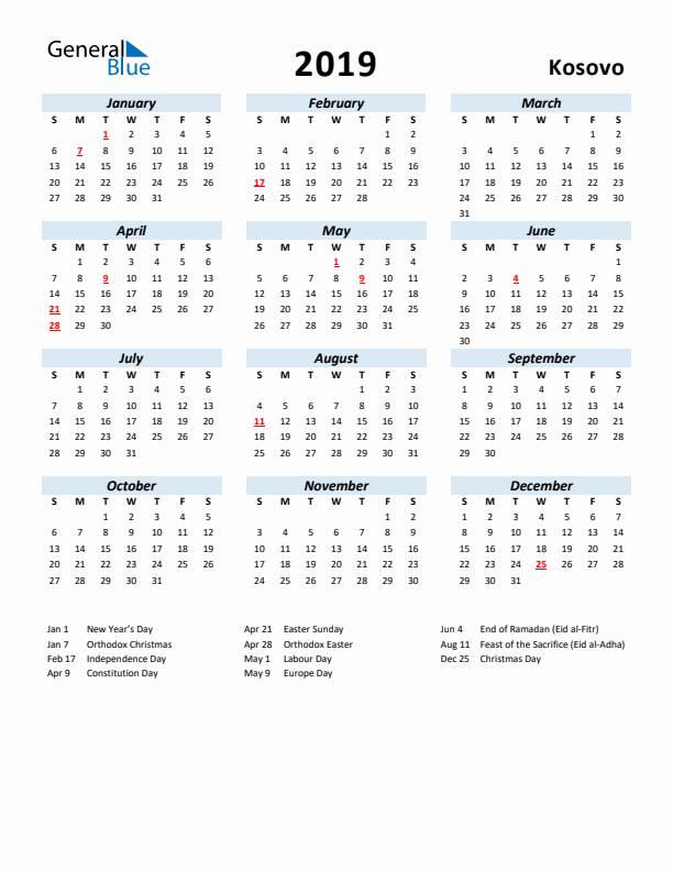 2019 Calendar for Kosovo with Holidays