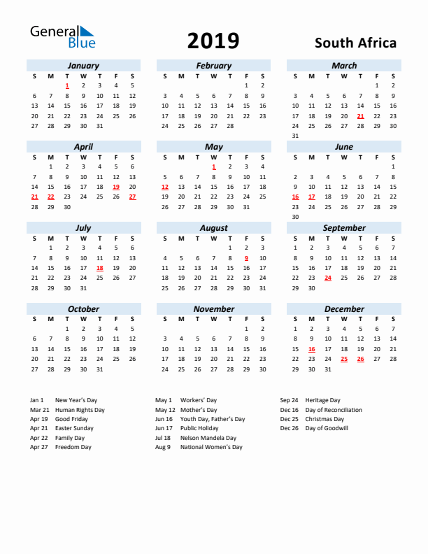2019 Calendar for South Africa with Holidays