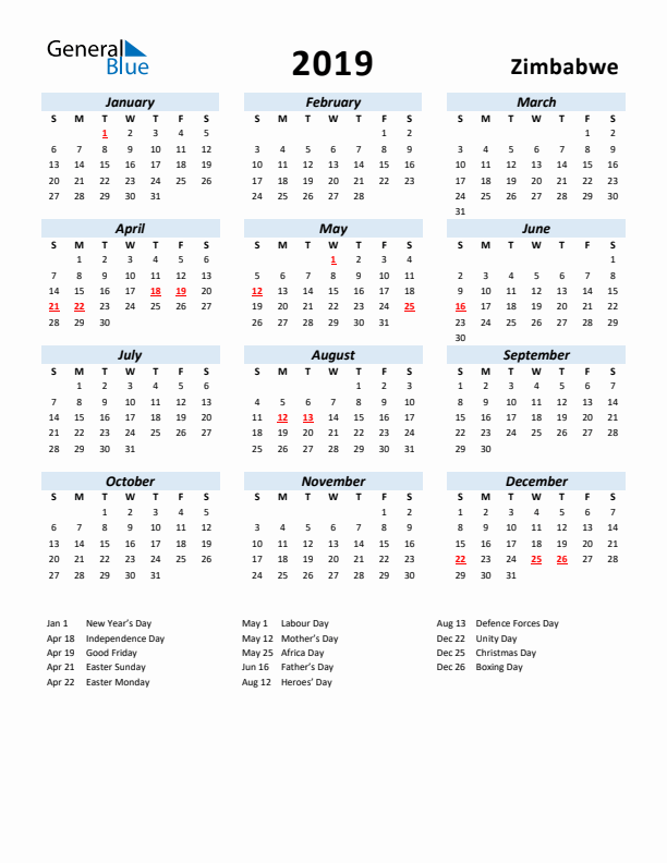 2019 Calendar for Zimbabwe with Holidays