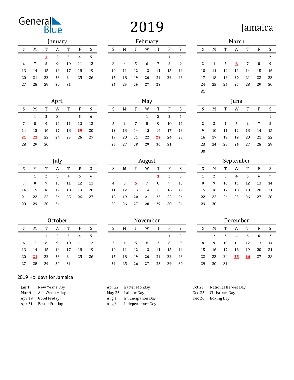 2019 Jamaica Calendar with Holidays