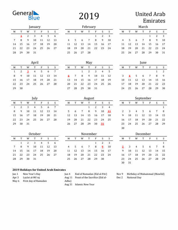 United Arab Emirates Holidays Calendar for 2019