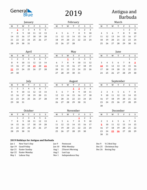 Antigua and Barbuda Holidays Calendar for 2019