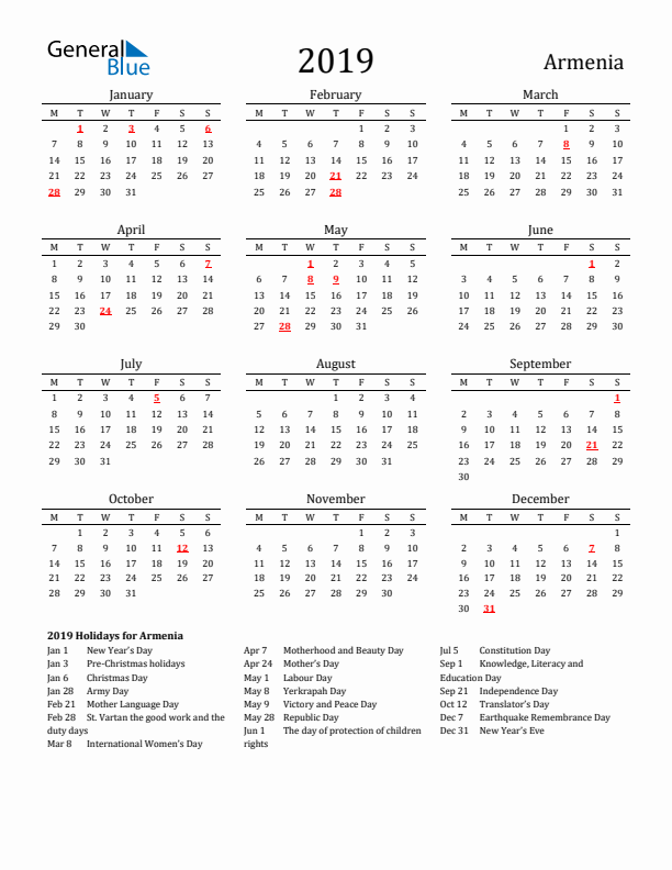 Armenia Holidays Calendar for 2019
