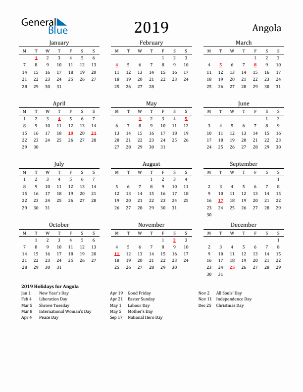 Angola Holidays Calendar for 2019