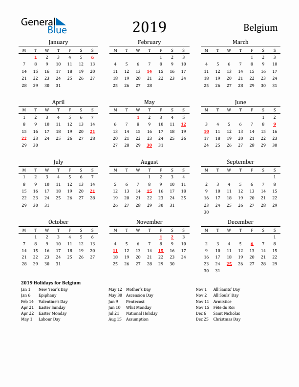 Belgium Holidays Calendar for 2019
