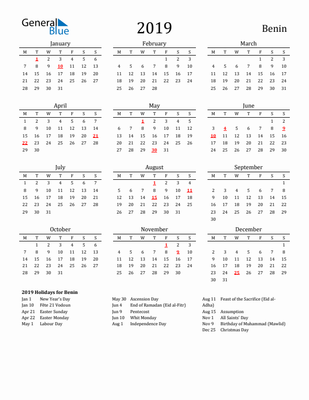 Benin Holidays Calendar for 2019