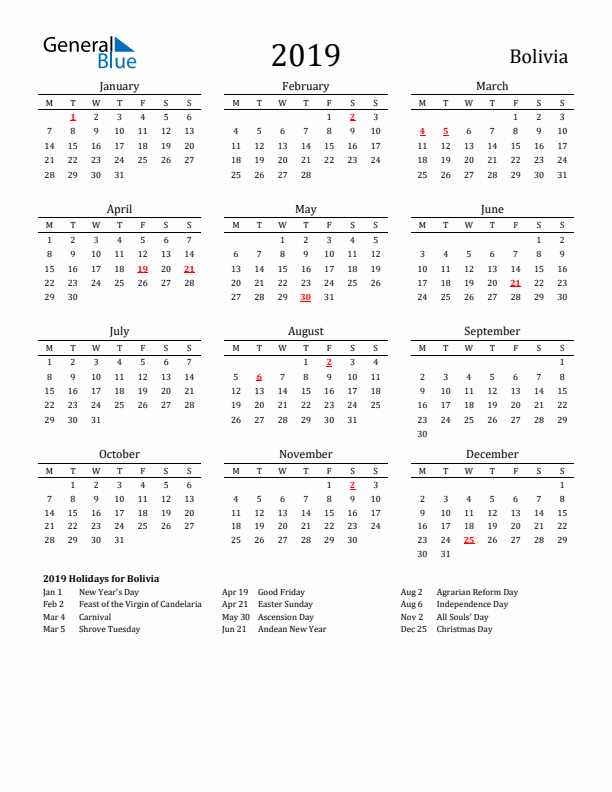 Bolivia Holidays Calendar for 2019