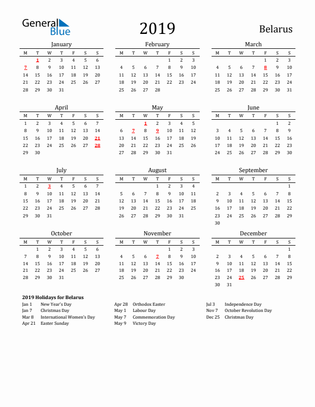 Belarus Holidays Calendar for 2019