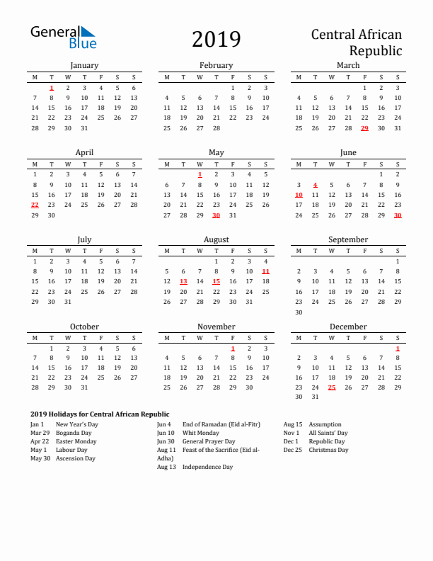 Central African Republic Holidays Calendar for 2019