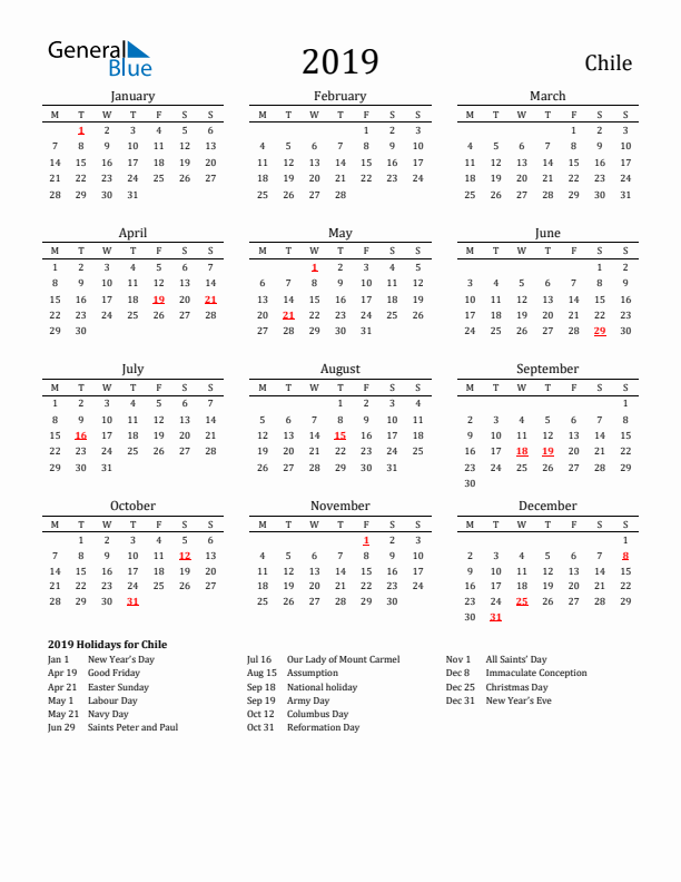 Chile Holidays Calendar for 2019