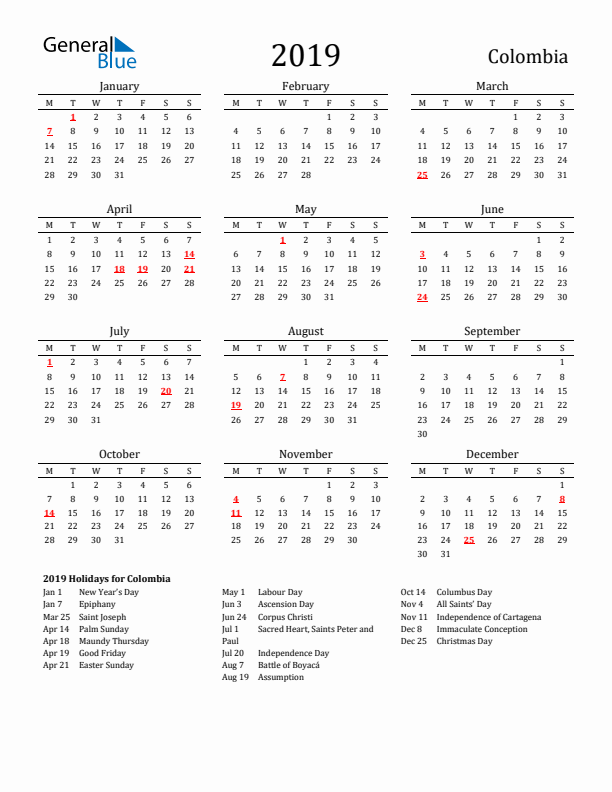Colombia Holidays Calendar for 2019
