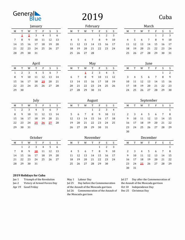 Cuba Holidays Calendar for 2019